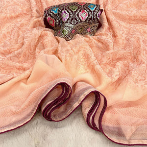 Light Peach Floral Printed Georgette Saree