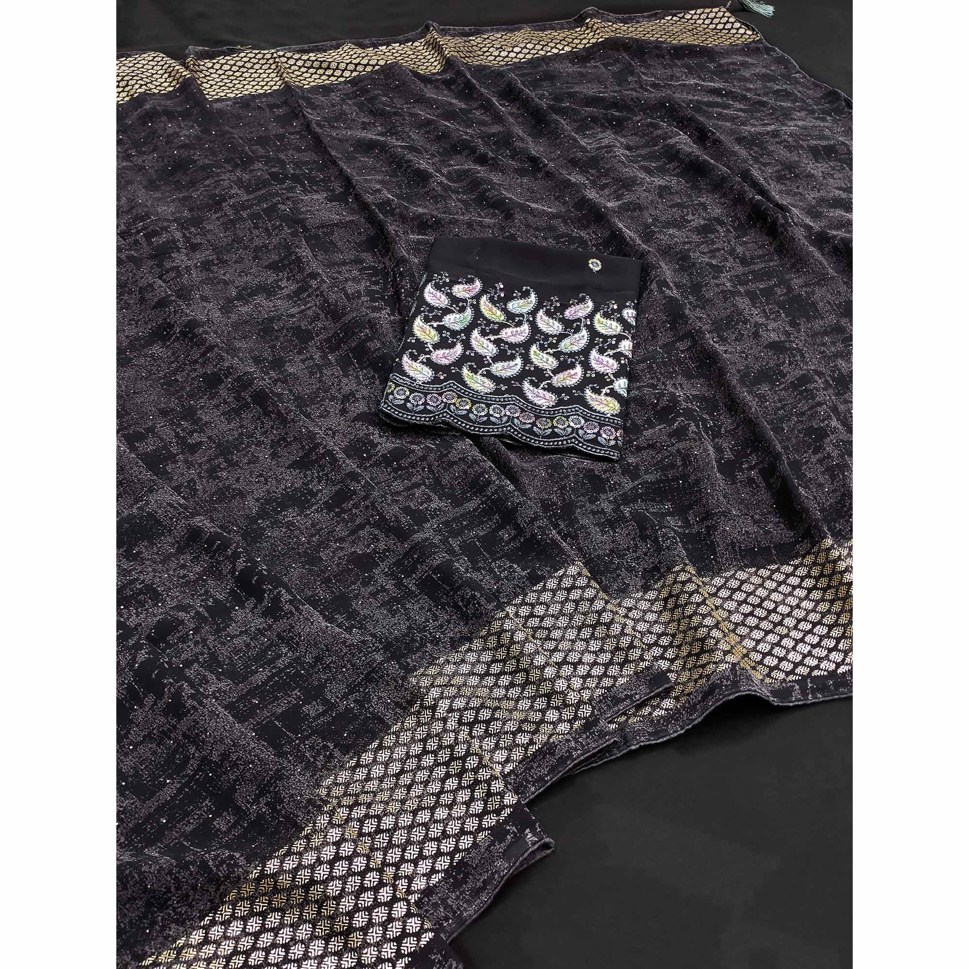 Dark Grey Abstract Printed Georgette Saree
