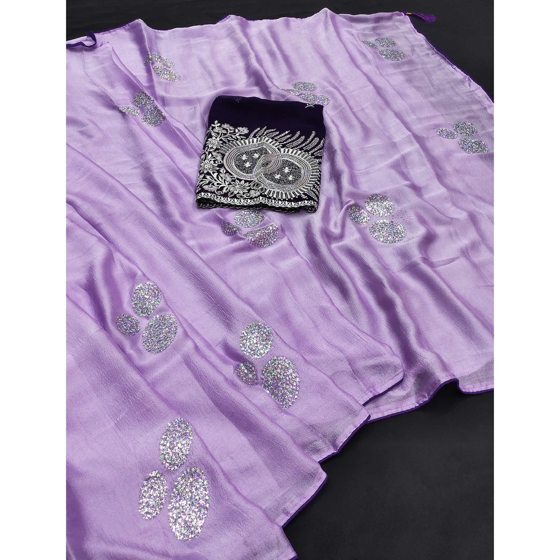 Lavender Mirror Work Embroidered Chiffon Saree