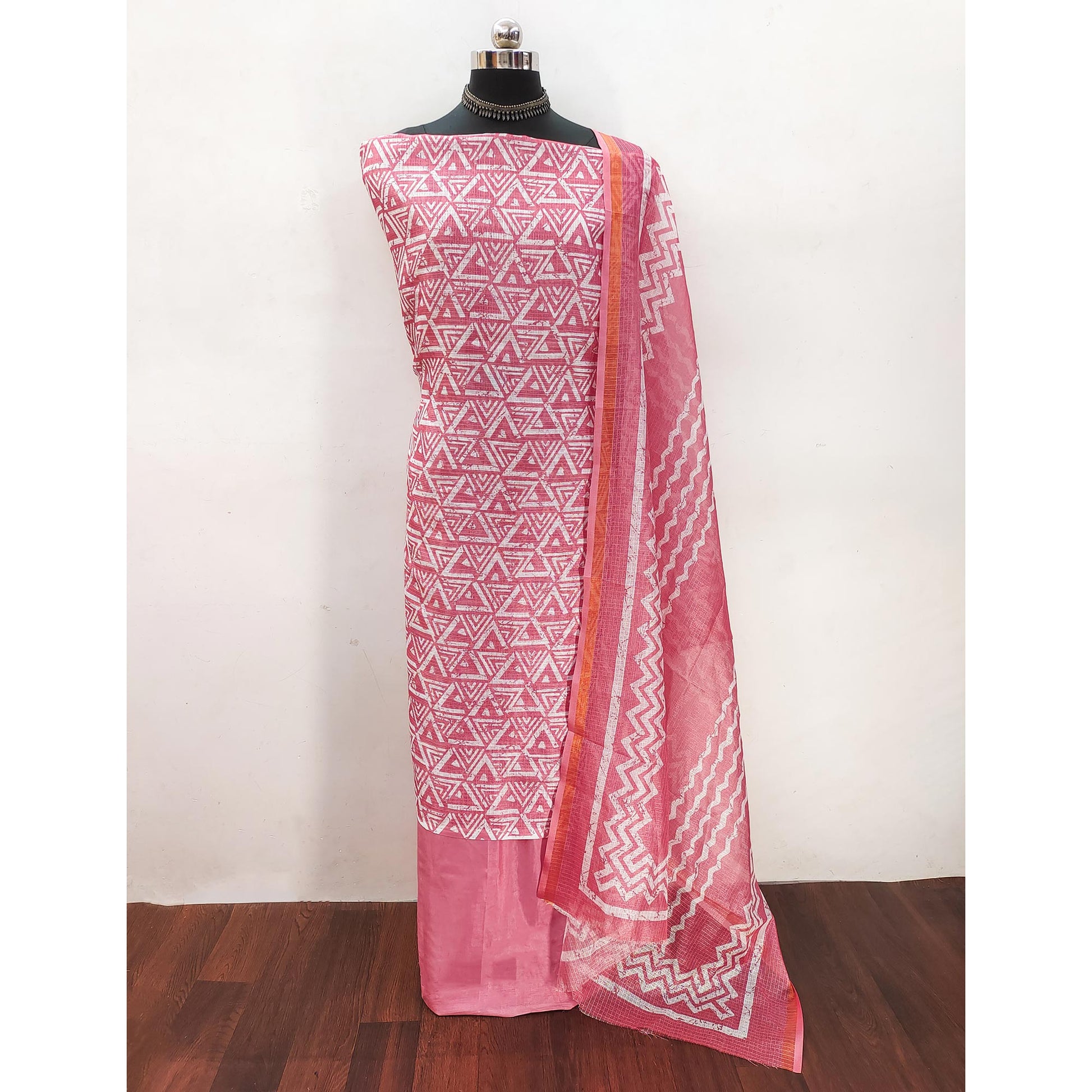 Gajari Pink Geometric Printed Kota Doria Dress Material