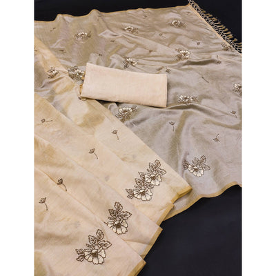 Cream Floral Embroidered Art Silk Saree