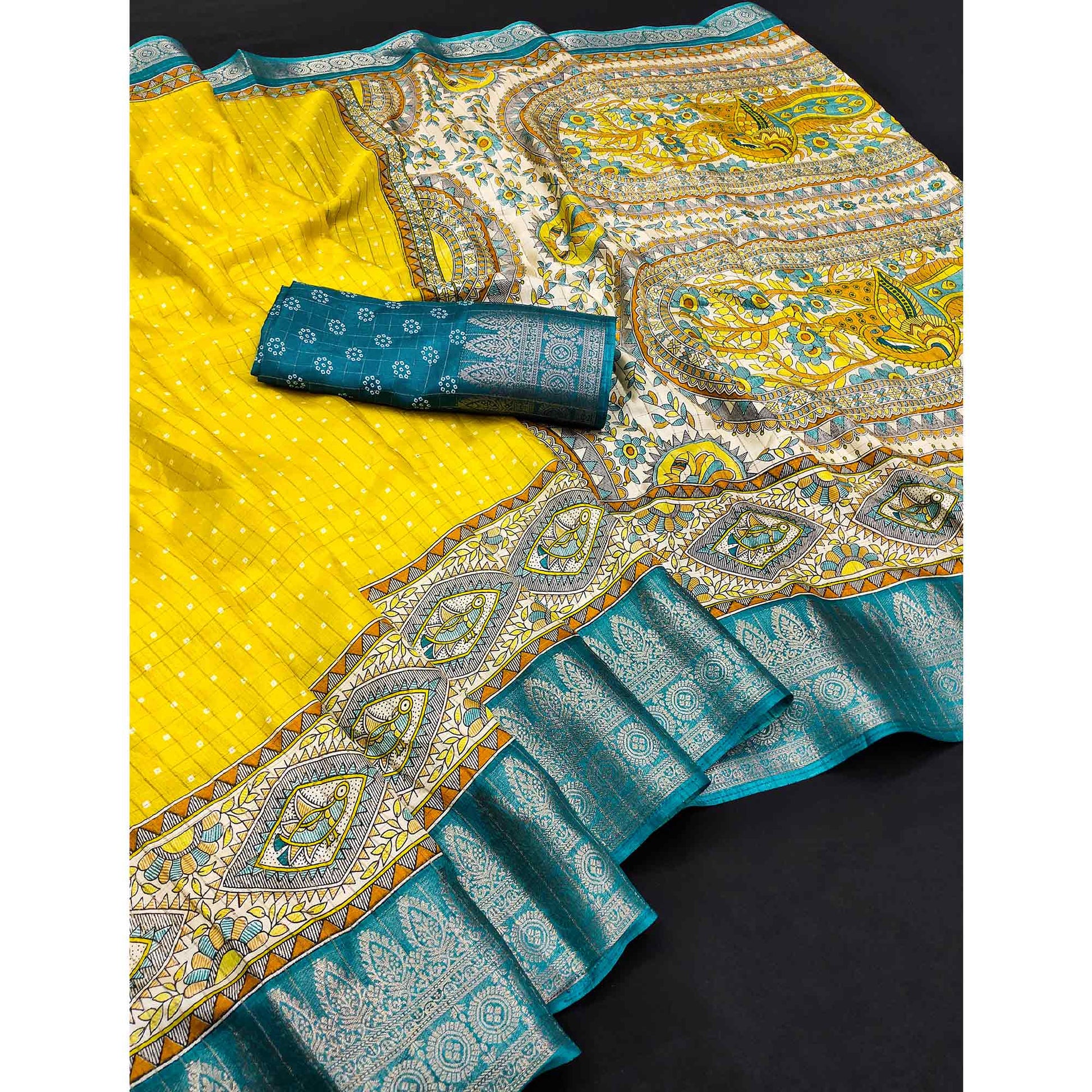 Lemon Yellow Madhubani Work Woven Dola Silk Saree