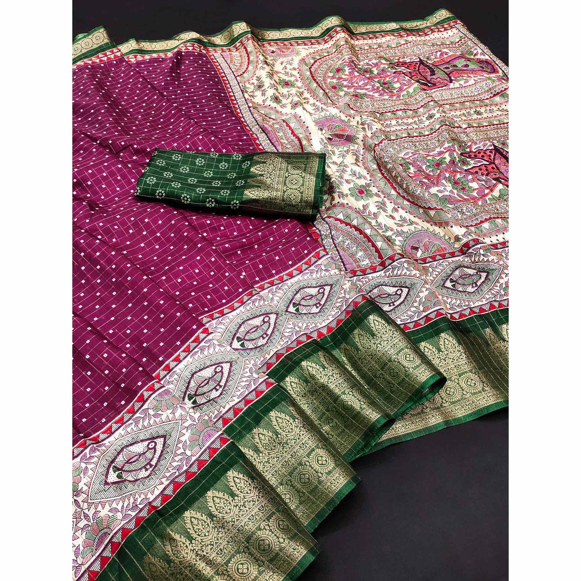 Magenta Madhubani Work Woven Dola Silk Saree