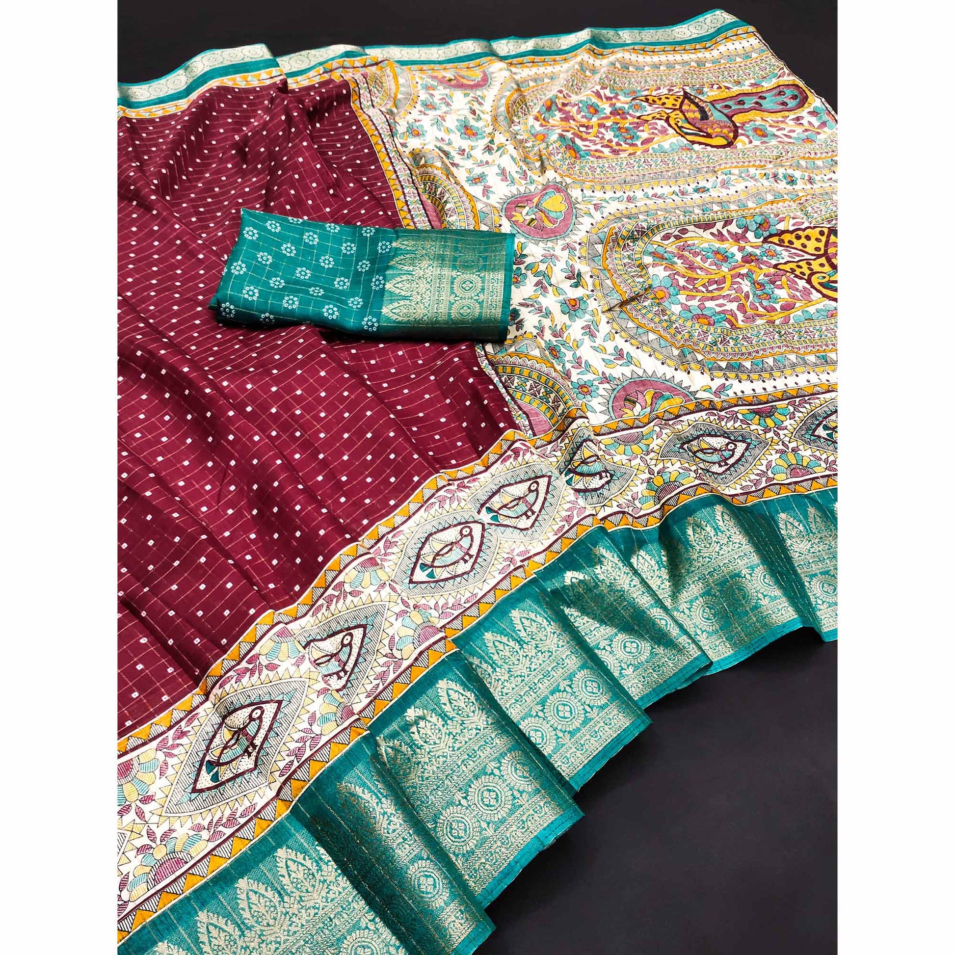 Maroon Madhubani Work Woven Dola Silk Saree