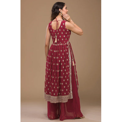 Maroon Sequins Embroidered Georgette Naira Cut Semi Stitched Suit