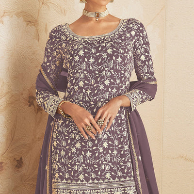Mauve Floral Embroidered Georgette Semi Stitched Sharara Suit