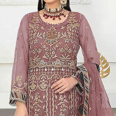 Light Mauve Floral Embroidered Net Semi Stitched Pakistani Suit