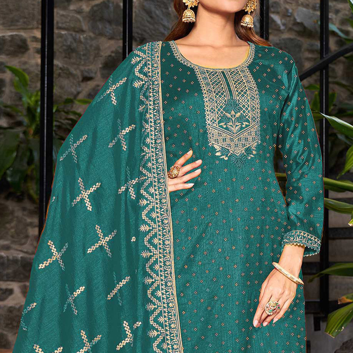 teal-blue-embroidered-vichitra-silk-semi-stitched-salwar-suit
