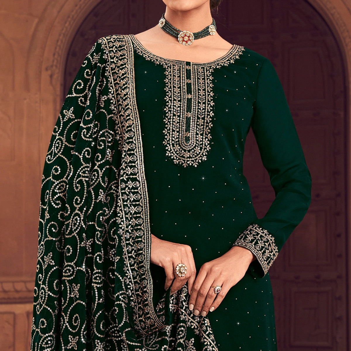 green-sequins-embroidered-georgette-semi-stitched-suit-2