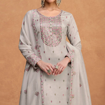 Grey Sequins Embroidered Pure Silk Semi Stitched Suit
