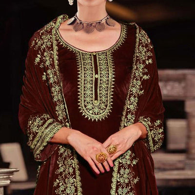 Maroon Floral Embroidered Velvet Semi Stitched Suit