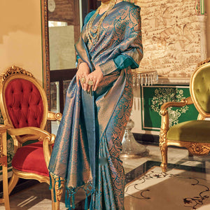 Morpich Green Floral Zari Woven Kanjivaram SIlk Saree