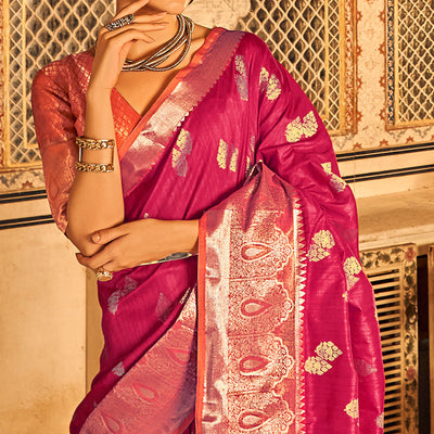 Magenta Pink Floral Woven Tussar Silk Saree