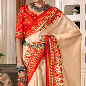 Cream & Red Patola Printed Tussar Silk Saree