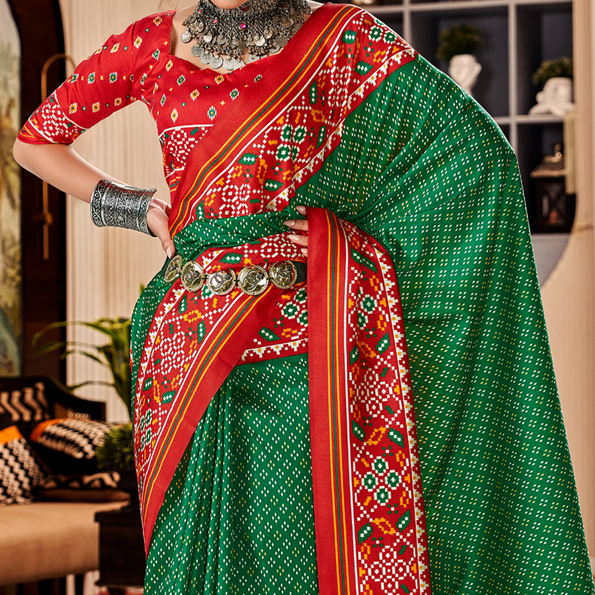 green-red-patola-printed-tussar-silk-saree