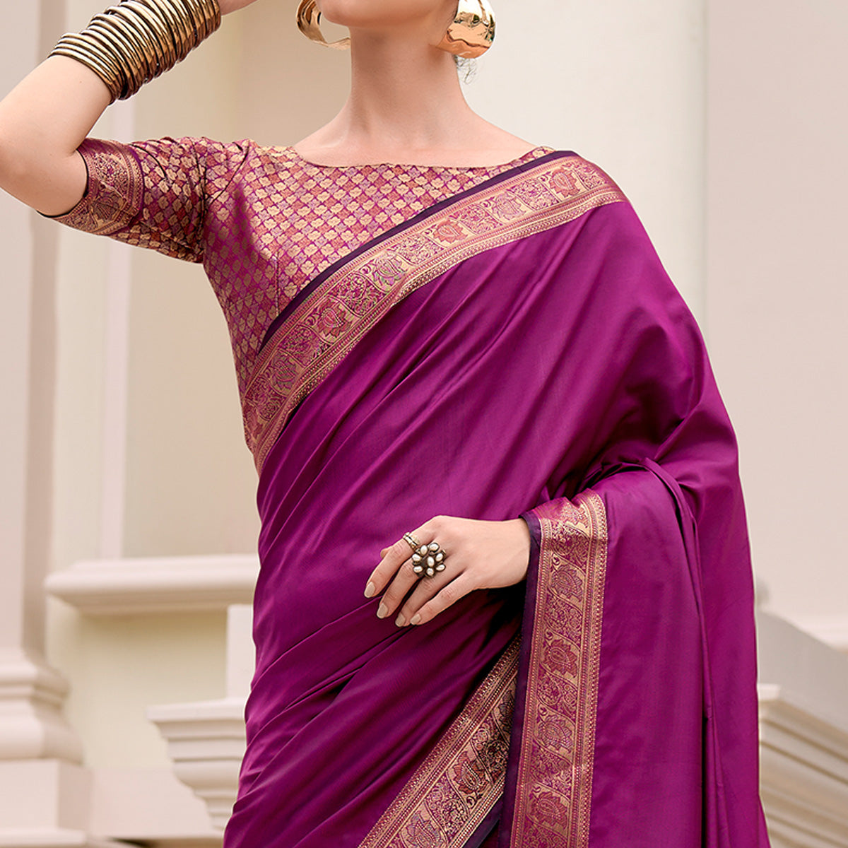 Magenta Woven Banarasi Silk Saree With Zari Border