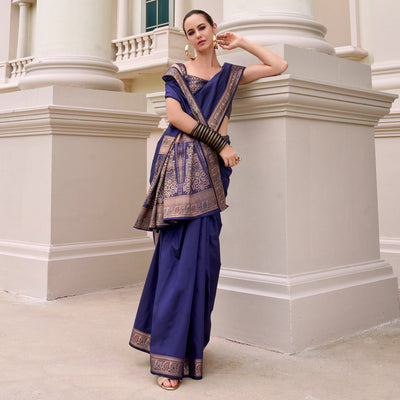 Blue Woven Banarasi Silk Saree With Zari Border