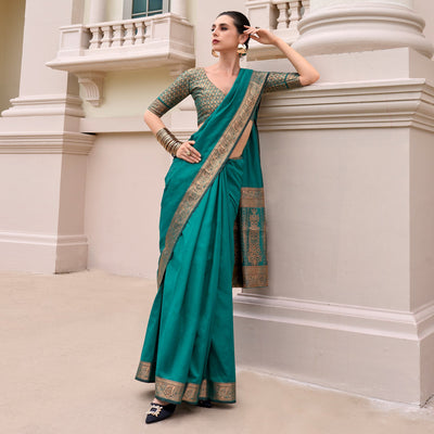 Morpich Green Woven Banarasi Silk Saree With Zari Border