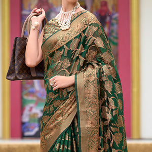 Dark Green Floral Motifs Woven Organza Saree