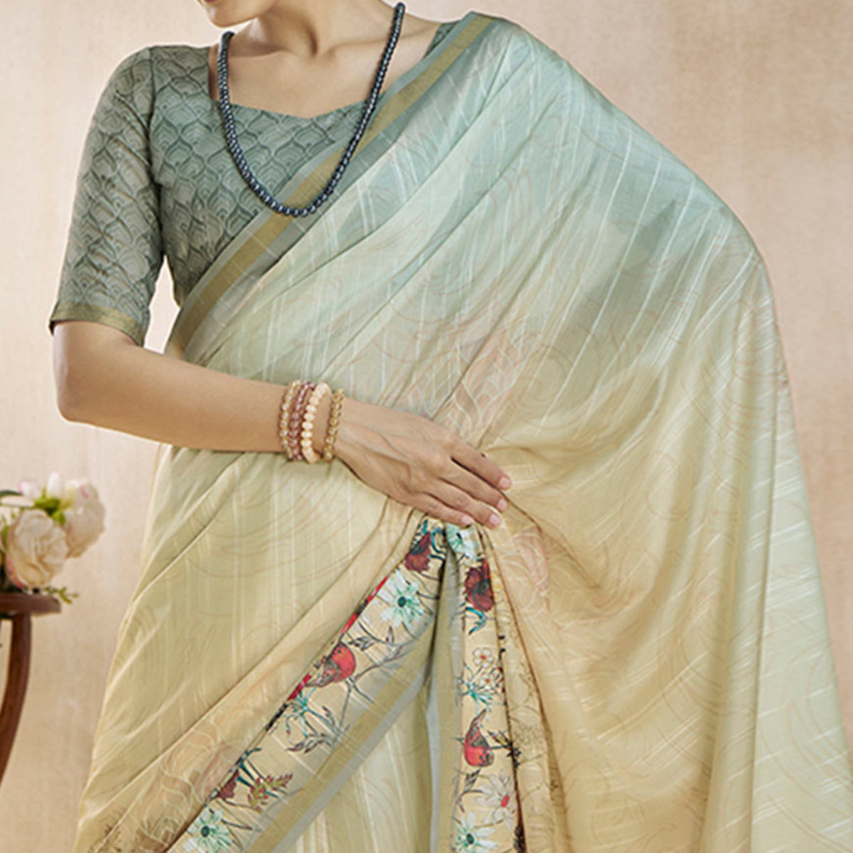 Cream Floral Digital Printed Pure Silk Saree