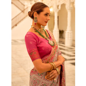 Chikoo Patola Printed Banarasi Silk Saree With Tassels