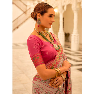 Chikoo Patola Printed Banarasi Silk Saree With Tassels