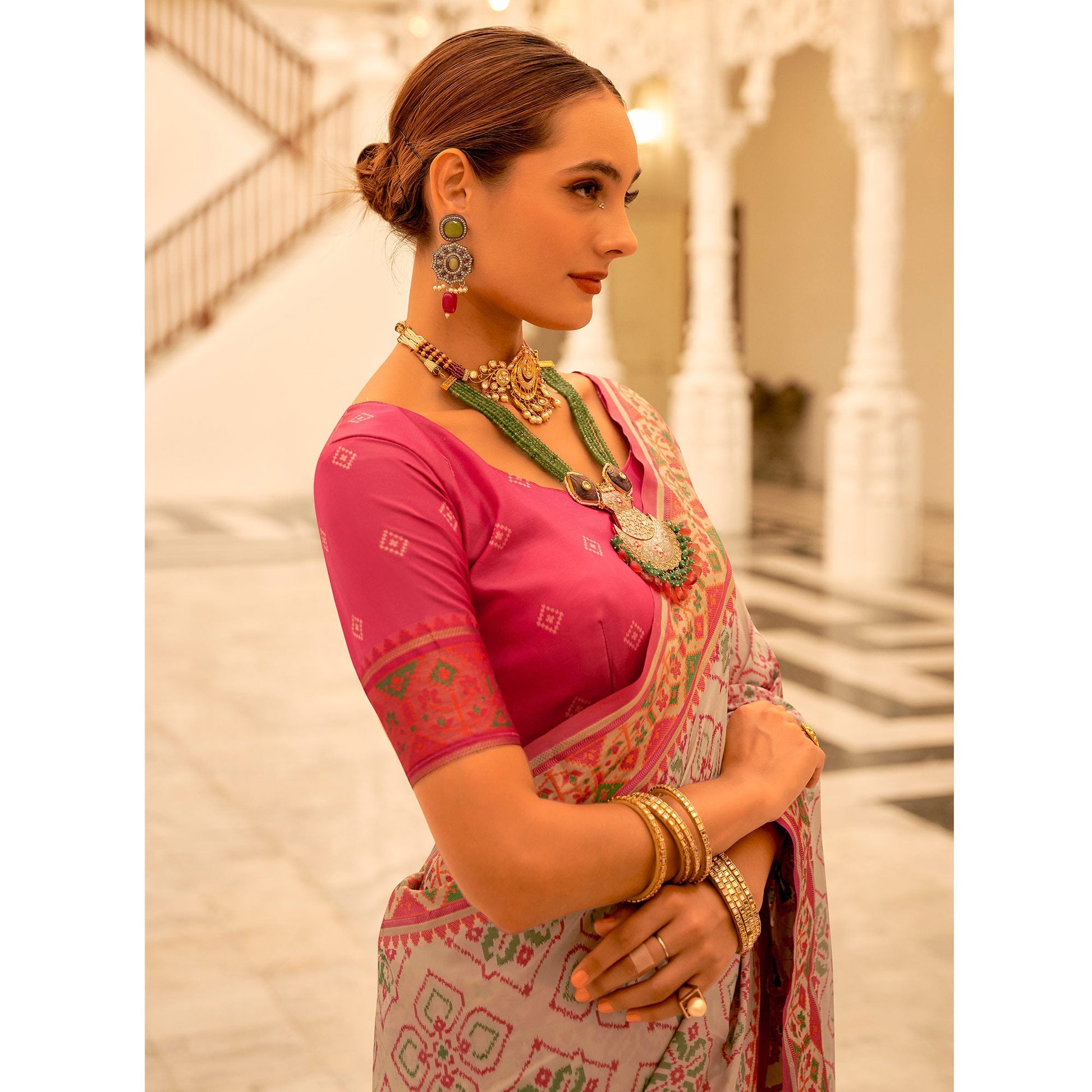 Chikoo Patola Printed Banarasi Silk Saree With Tassels