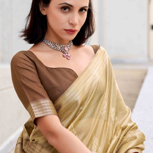 Cream Ikkat Woven Rayon Silk Saree