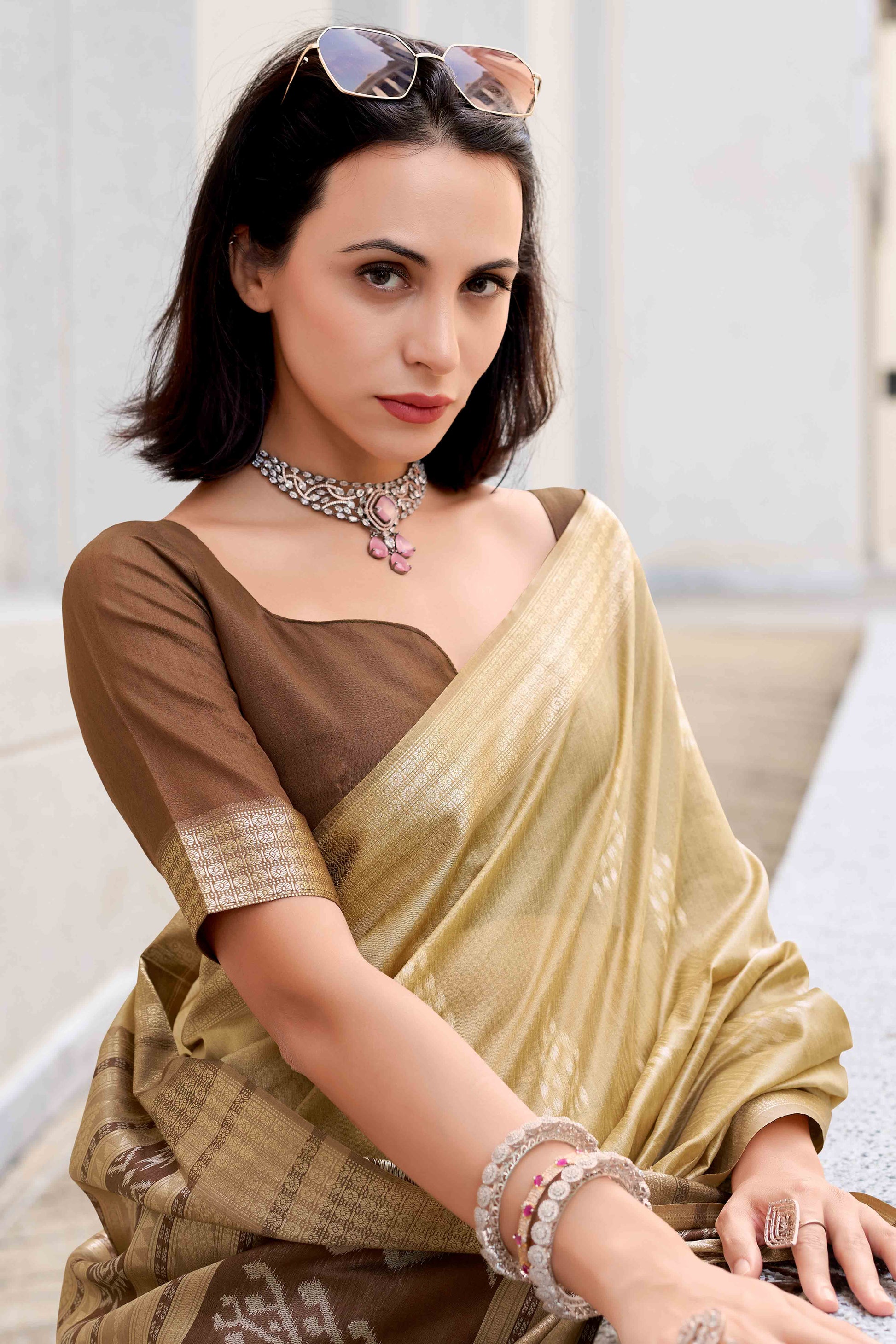 Cream Ikkat Woven Rayon Silk Saree