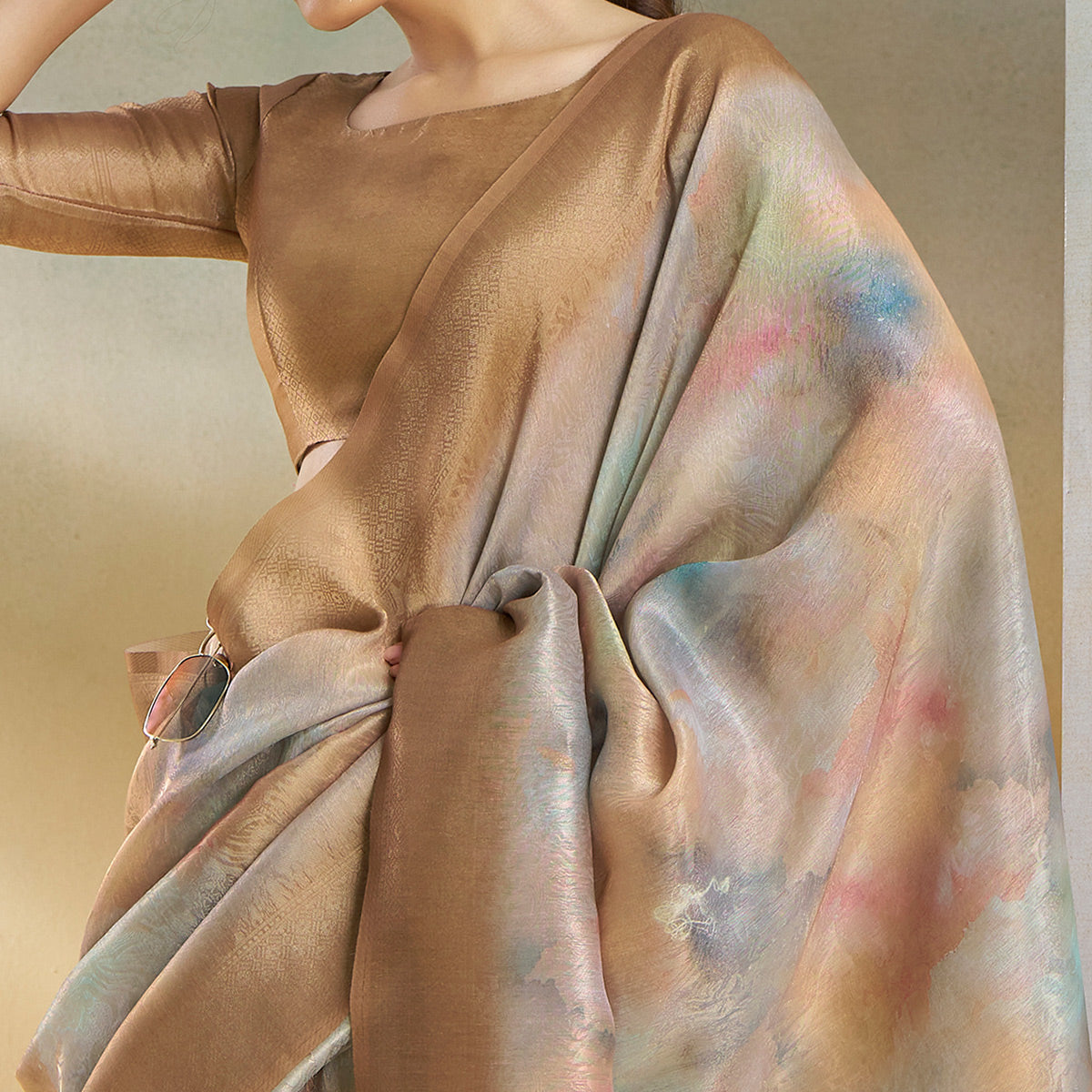 Chikoo Woven With Digital Printed Linen Saree