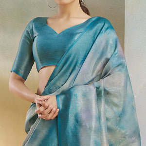 Blue Woven With Digital Printed Linen Saree