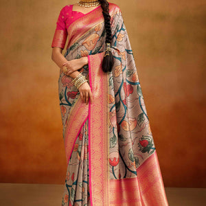 Light Mauve Kalamkari Printed Tussar Silk Saree With Banarasi Border