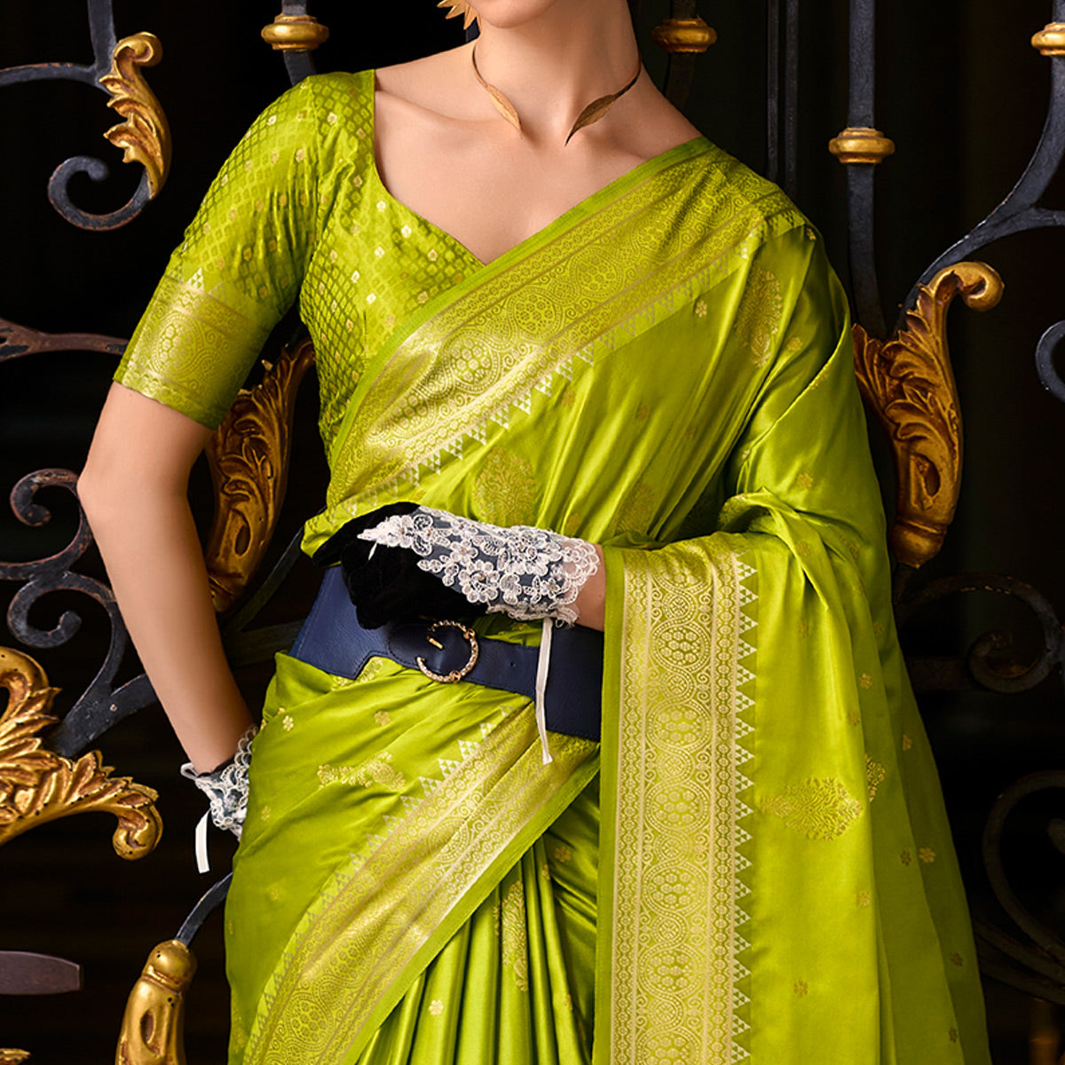 green-floral-woven-satin-silk-saree