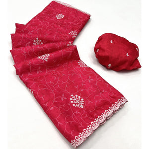 Gajari Red Floral Embroidered Dola Silk Saree
