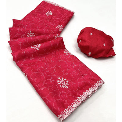 Gajari Red Floral Embroidered Dola Silk Saree