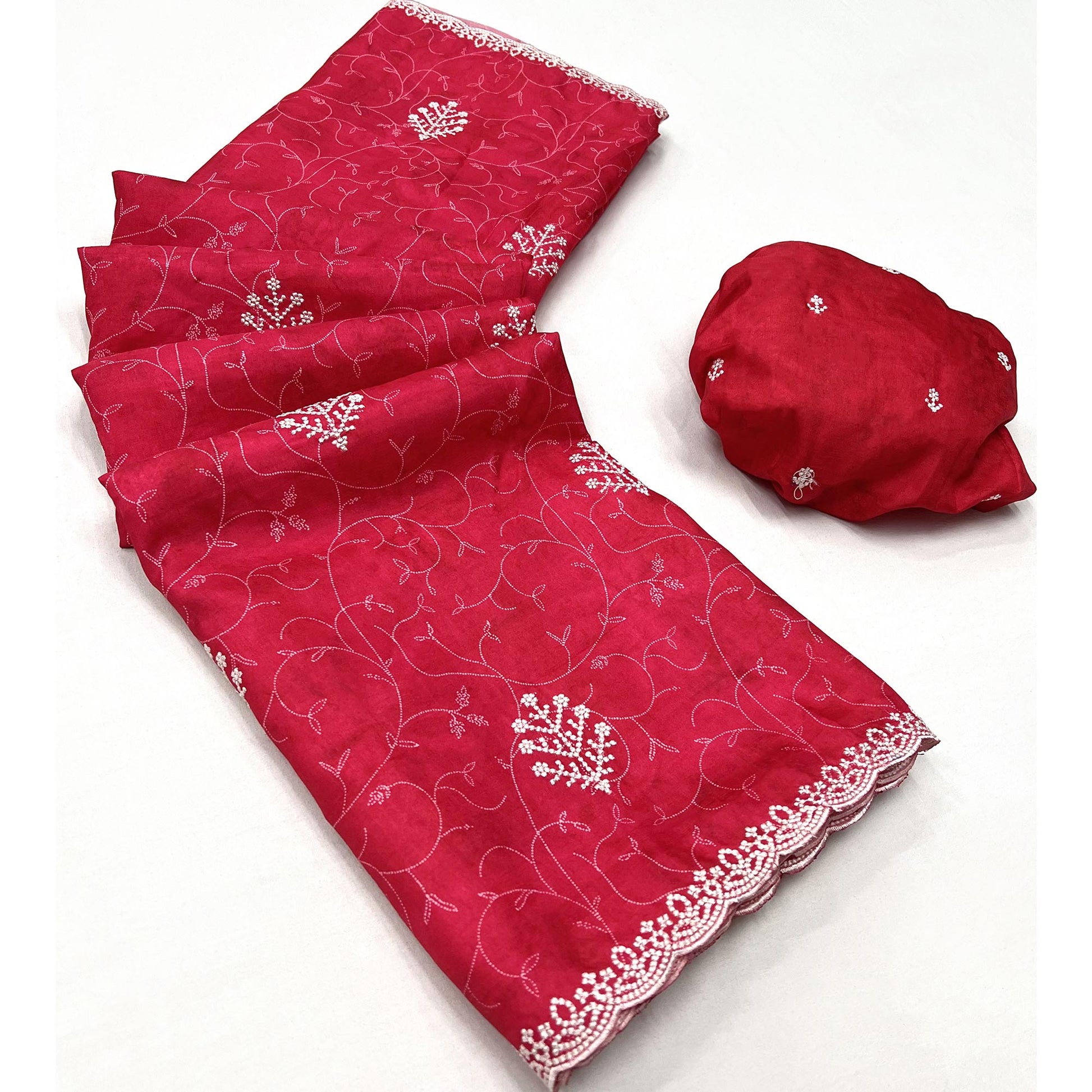 Gajari Red Floral Embroidered Dola Silk Saree