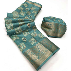 Light Sea Green Foil Printed Dola Silk Saree With Jacquard Border