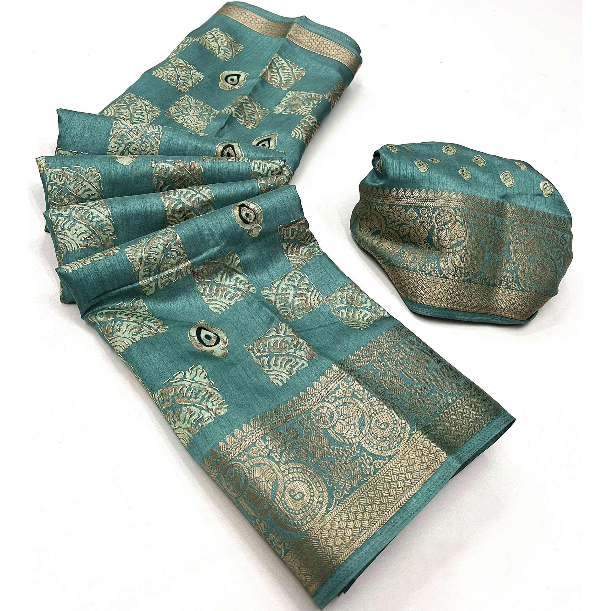 Light Sea Green Foil Printed Dola Silk Saree With Jacquard Border