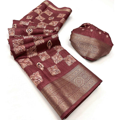 Light Maroon Foil Printed Dola Silk Saree With Jacquard Border