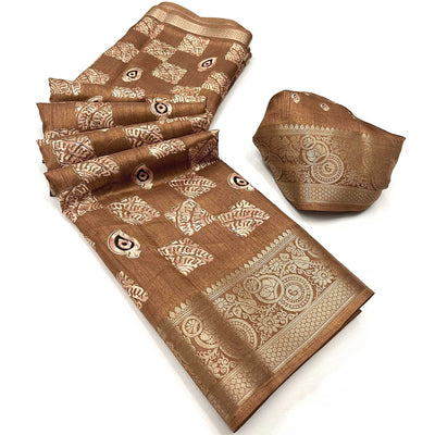 Chikoo Foil Printed Dola Silk Saree With Jacquard Border