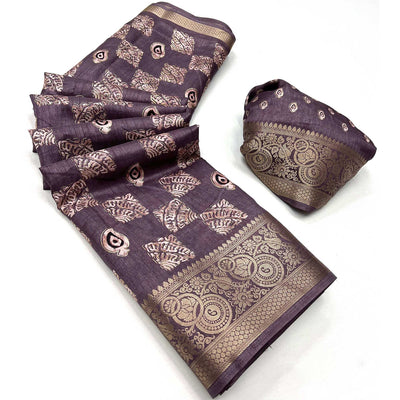 Dusty Wine Foil Printed Dola Silk Saree With Jacquard Border