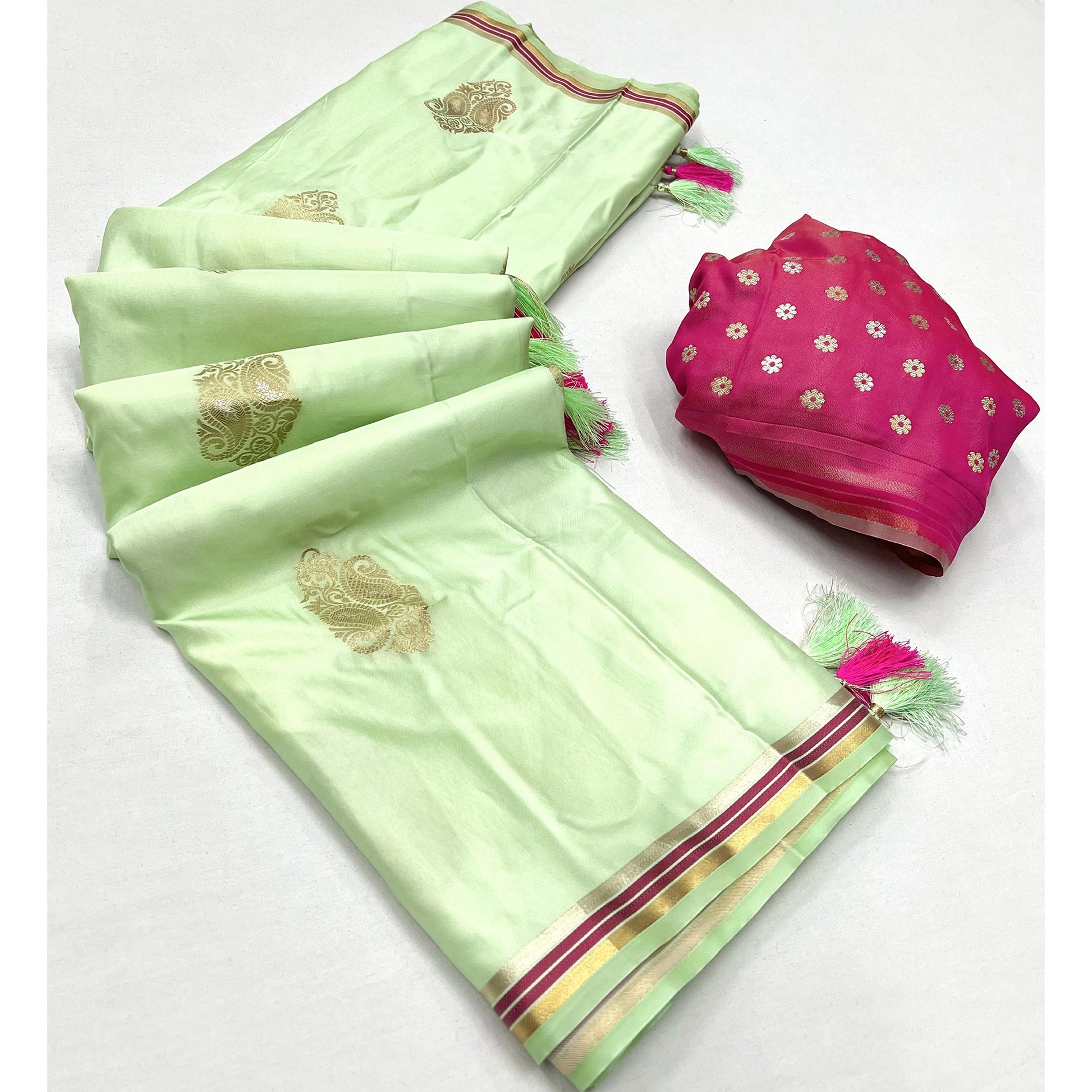 Mint Green Woven Satin Saree With Tassels