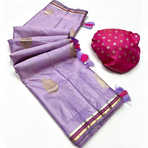 Lavender Woven Satin Saree With Tassels