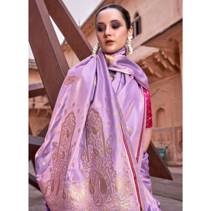 Light Purple Woven Satin Saree With Tassels