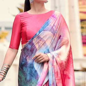 Gajri Pink Digital Printed Pure Satin Saree