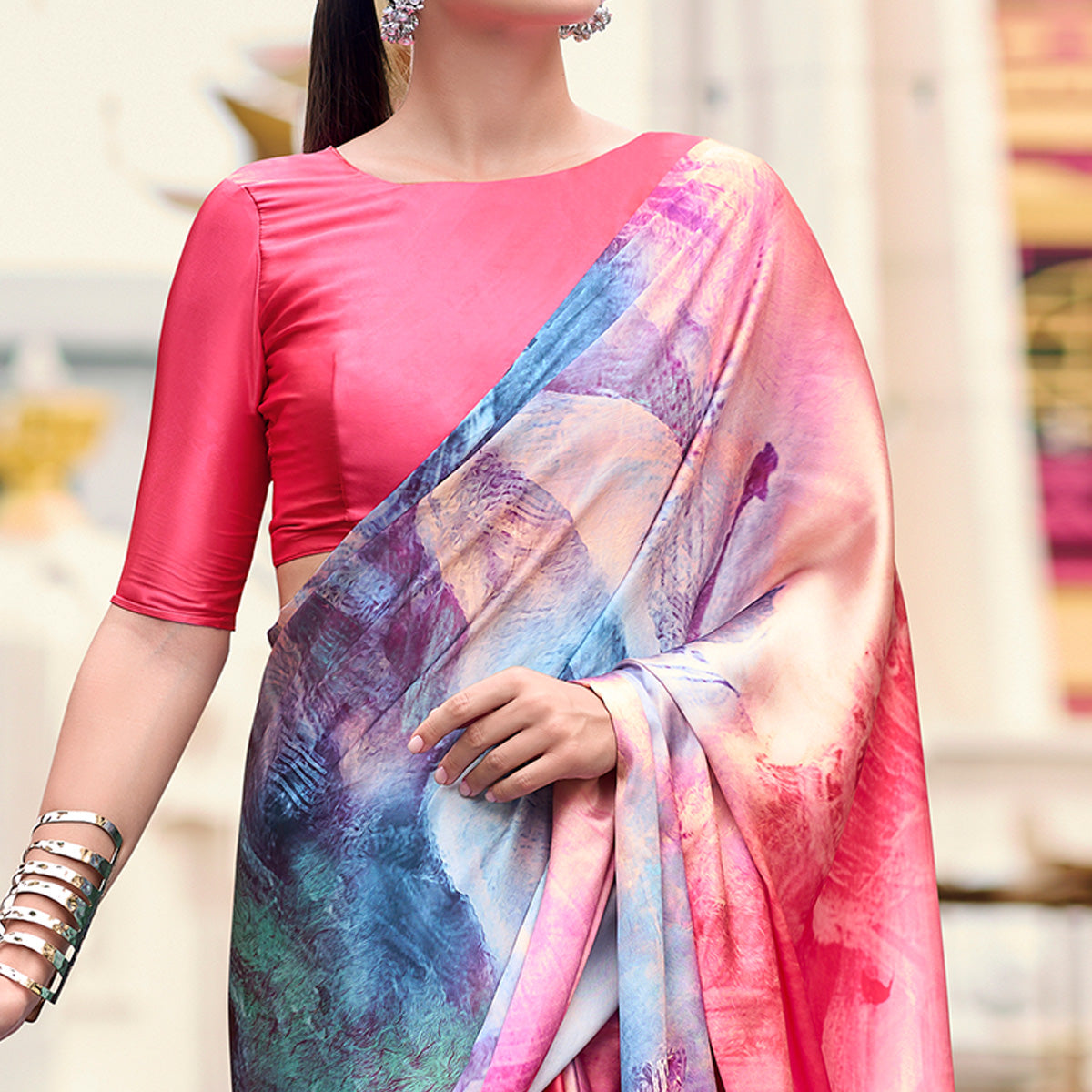 Gajri Pink Digital Printed Pure Satin Saree