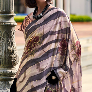 Coffee Brown Floral Digital Printed Pure Satin Saree