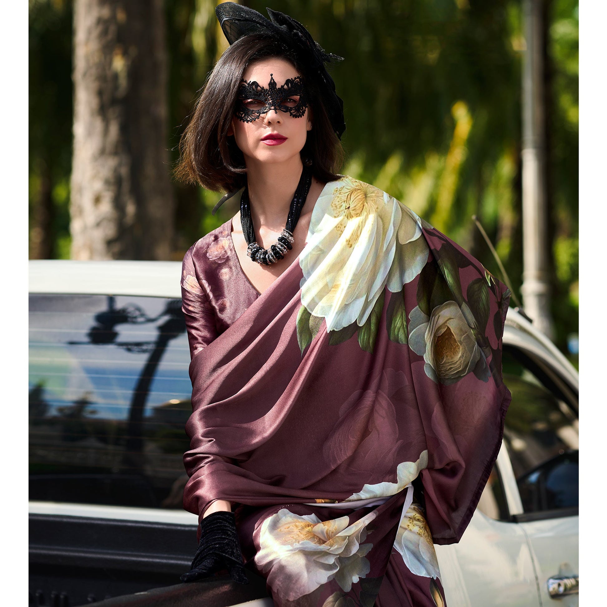 Wine Floral Digital Printed Pure Satin Saree