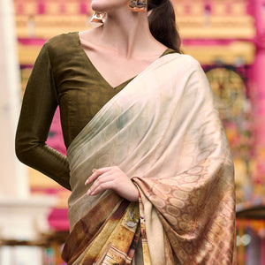 Chikoo Digital Printed Pure Satin Saree