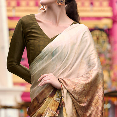Chikoo Digital Printed Pure Satin Saree